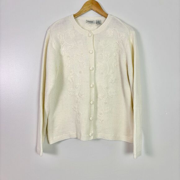 Vintage 90s Classic Elements Embroidered Cardigan Sweater Women's M Ivory Floral - Picture 3 of 16
